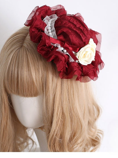 Red Beaded Decorated Camellia Design Lace Trim Mini Hat