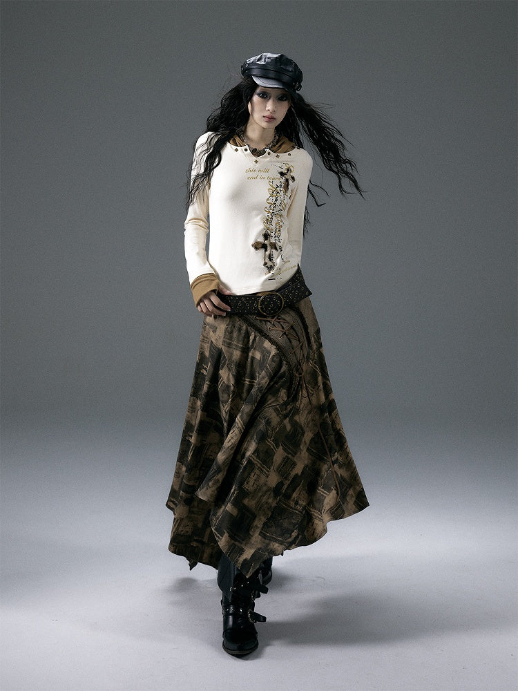 Beige Fake Two-Piece V-Neck Top with Cross Applique