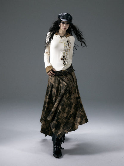 Beige Fake Two-Piece V-Neck Top with Cross Applique