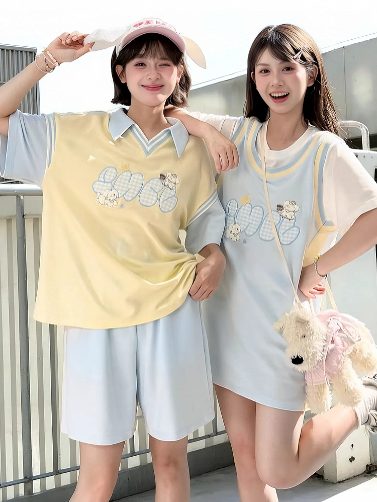 Cute Puppy Embroidery Apricot/Blue Colorblock Design Loose T-shirt Faux Two-pieces