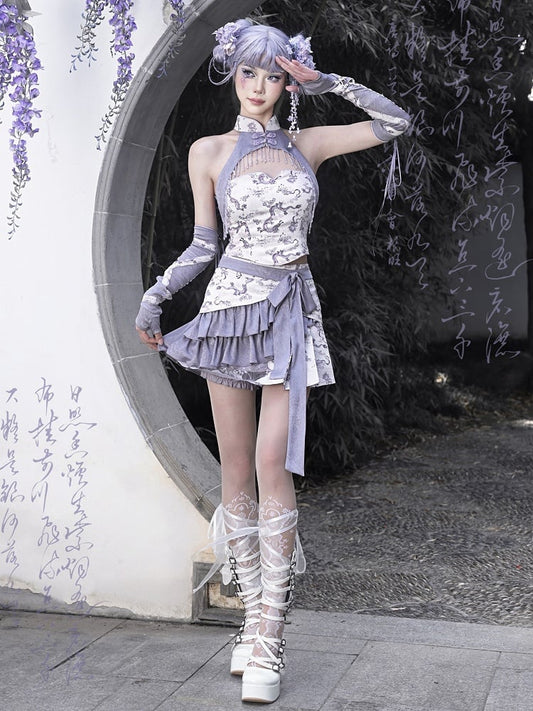 Clearance-Size S for Waist 65-69CM Purple Chinoiserie Dragon Print Fabric Skirt with Shorts Lining