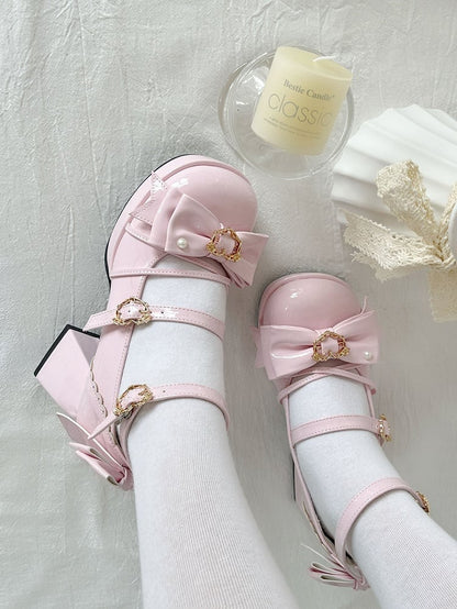 Pink Bow Accent Crisscross Design Lolita Platform High Block Heels