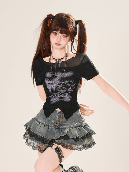 Butterfly Print Curved Hem Black Mesh T-Shirt