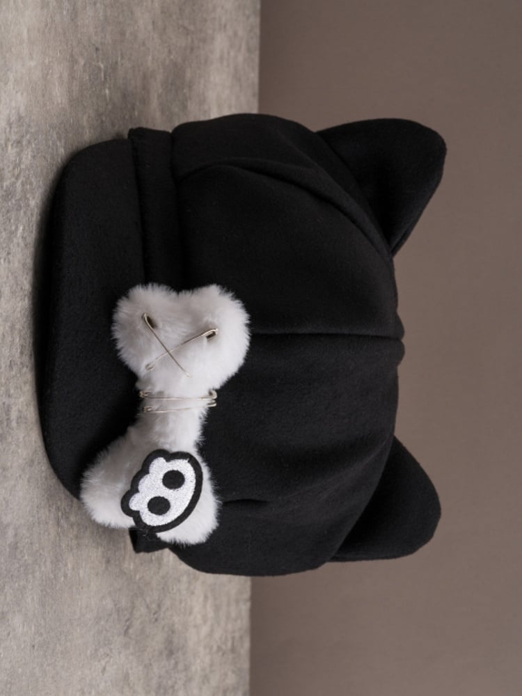 Black Gothic Skeleton Applique Pin Decorated Plush Bone Design Cat Ear Beret Hat
