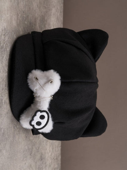 Black Gothic Skeleton Applique Pin Decorated Plush Bone Design Cat Ear Beret Hat