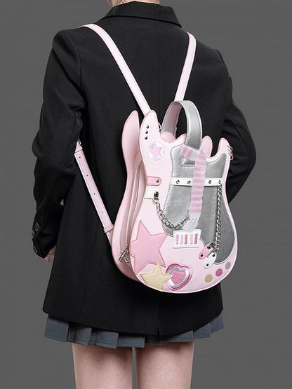 Pink & Silver Star Design Sweetheart Embroidered Guitar-shaped Bag