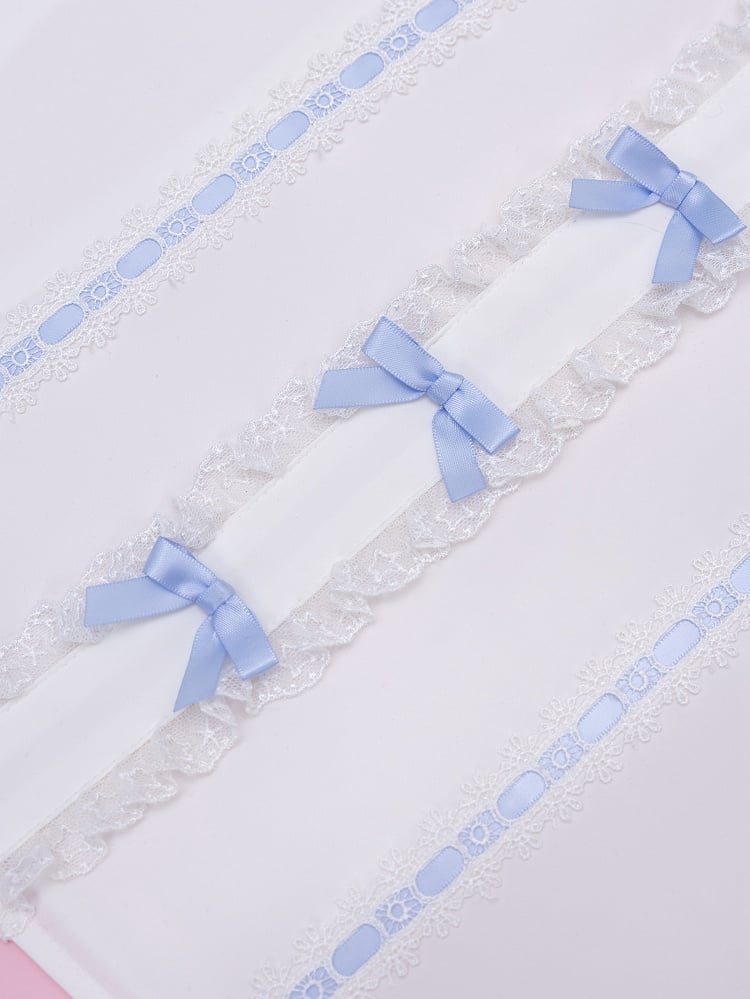 White Square Neckline with Blue Choker Halter Neck Jirai Kei Short Sleeves Blouse