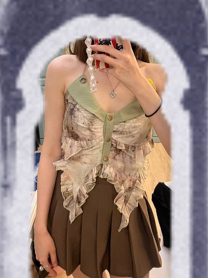 Green Fairycore Halter Neck Mori Kei Summer Top