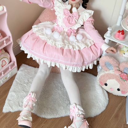 Bunny Ears Sailor Collar Pink Short Sleeves Maid Lolita Dress with White Apron