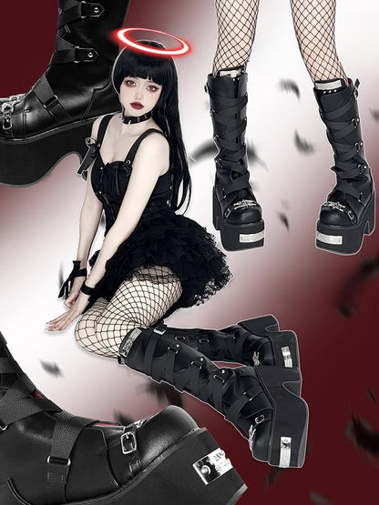 Black Crisscross Design Buckle Strap Platform Block Heel Boots