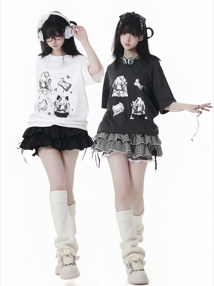 Anime Girl Print White/Dark Gray Round Neck Cotton T-shirt