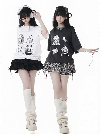 Anime Girl Print White/Dark Gray Round Neck Cotton T-shirt