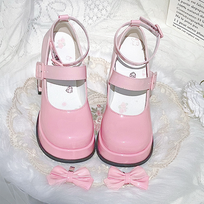 Gradient Pink Detachable Bowknot Platform High Block Heels Lolita Shoes
