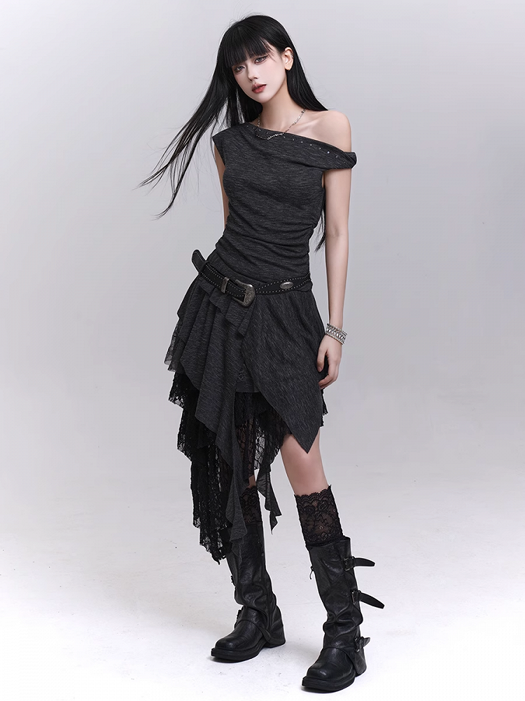 Studded Asymmetrical Neckline Cascading Ruffles Dress with Buckle Belt