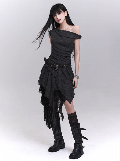 Studded Asymmetrical Neckline Cascading Ruffles Dress with Buckle Belt