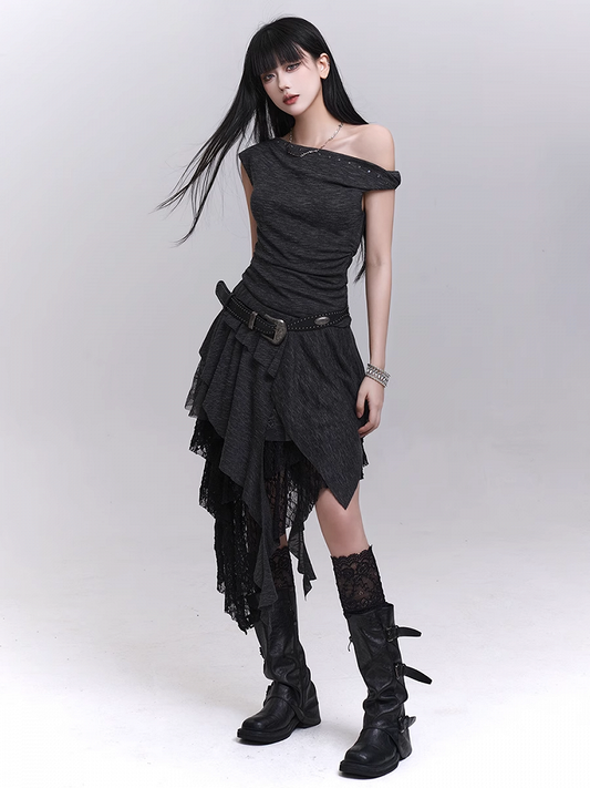 Studded Asymmetrical Neckline Cascading Ruffles Dress with Buckle Belt