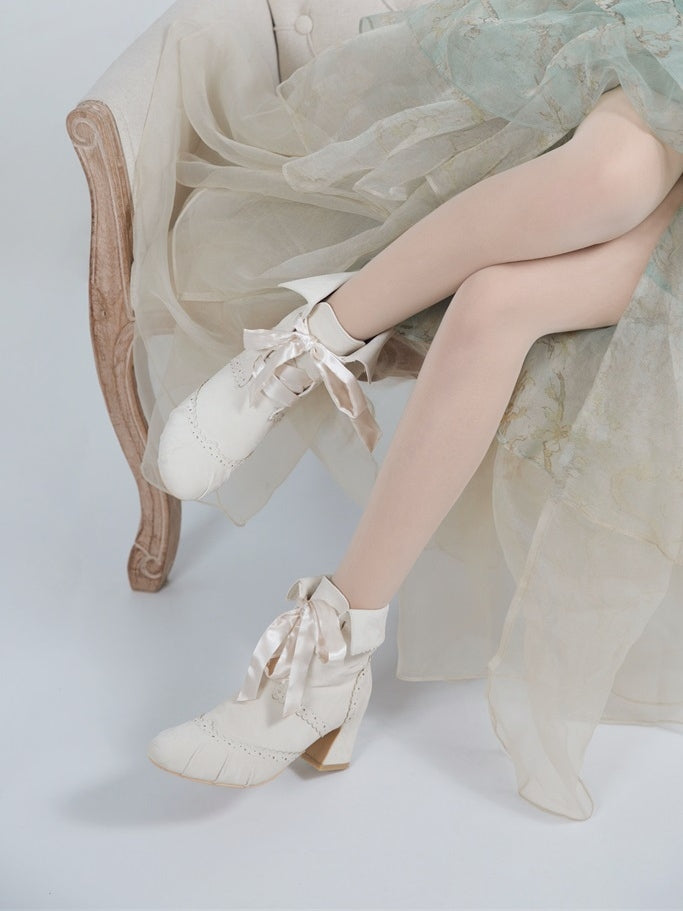 Reversible Cuff Design with Zip & Lace Fastening Elegant Lolita Beige Boots with Mid-heel