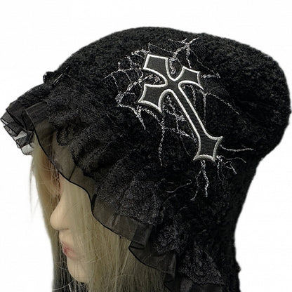 Y2K Black Cross Applique Lace Trim Punk Knit Hat