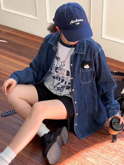 Cute Kitty Embroidery Dark Blue Faded Wash Denim Shirt
