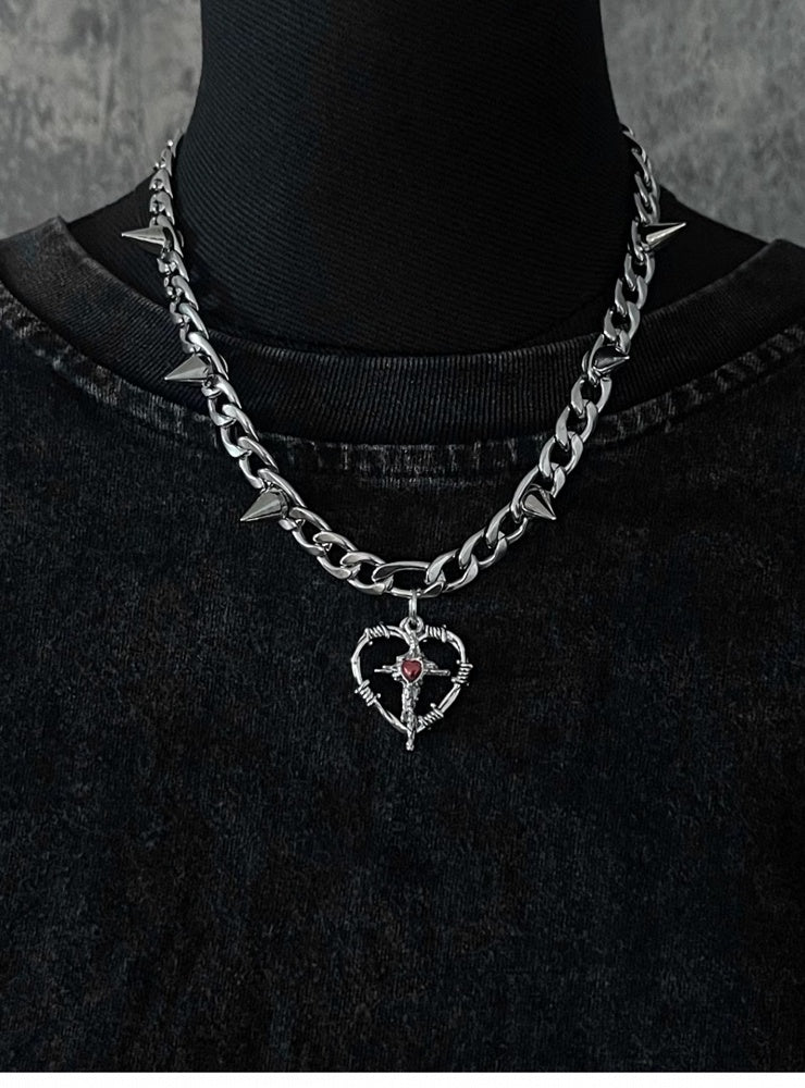 Silver Cross Heart-shaped Pendant Studded Necklace