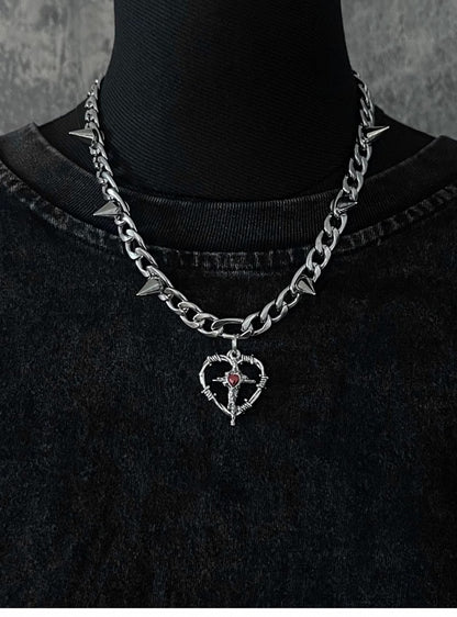 Silver Cross Heart-shaped Pendant Studded Necklace