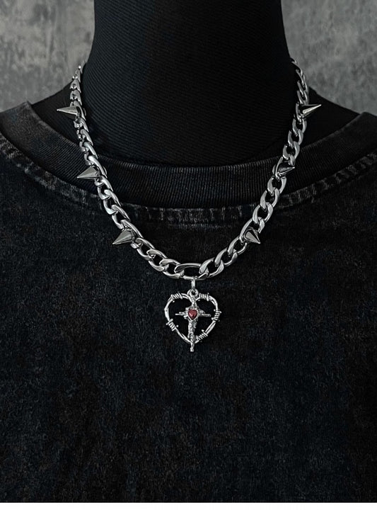 Silver Cross Heart-shaped Pendant Studded Necklace