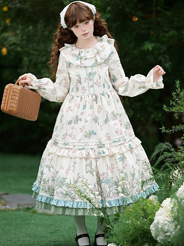 Natural Kei Floral and Bird Print Lolita Long Sleeves Dress with Waist Belt