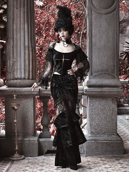 Halloween Gothic Black Cropped Velvet Top Bishop Lace Sleeves