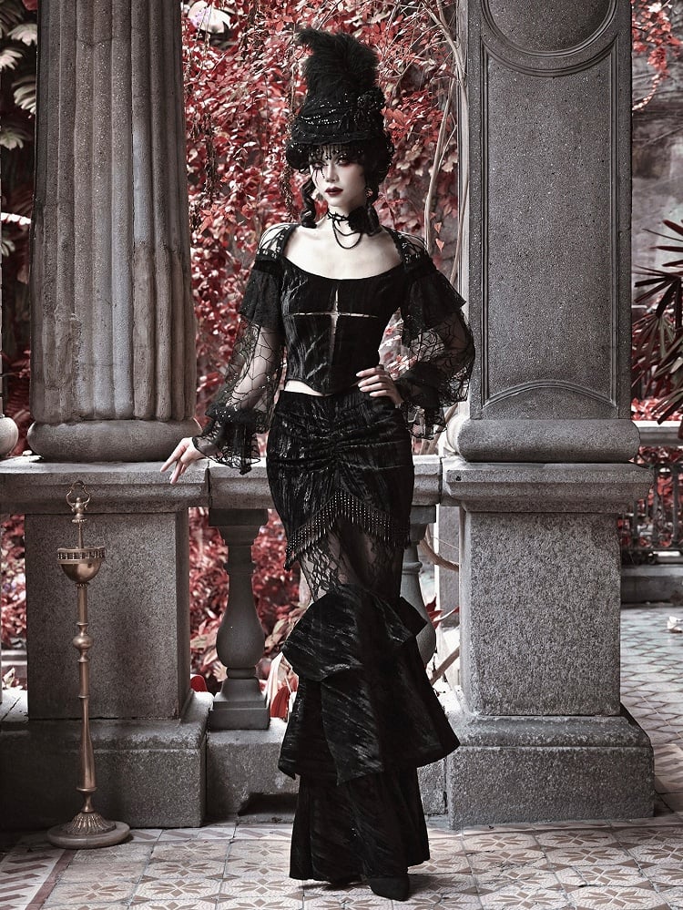 Halloween Gothic Black Cropped Velvet Top Bishop Lace Sleeves