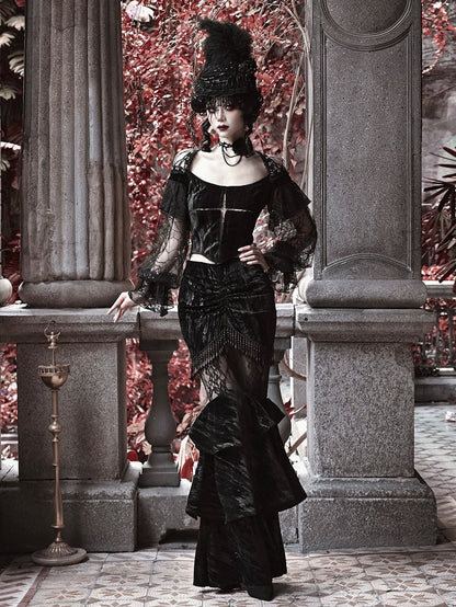 Halloween Gothic Black Cropped Velvet Top Bishop Lace Sleeves
