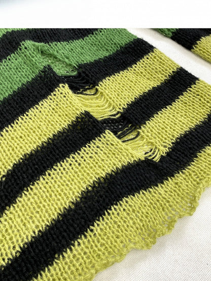 Green Y2K Striped Pattern Cut-out Details Asymmetrical Neckline Sweater