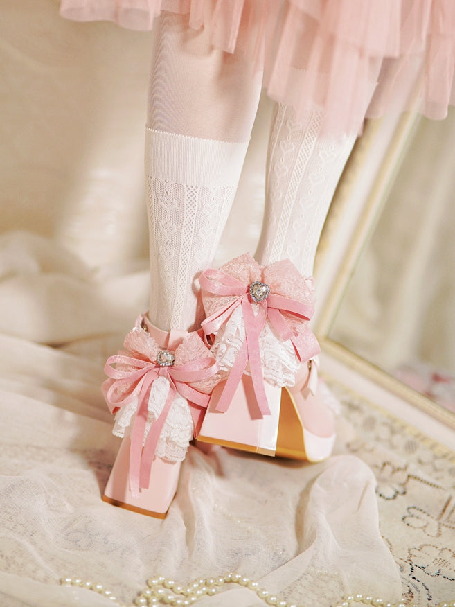 Pink Knotted Bow at Top Lace Trim Heart Buckles High Block Heels