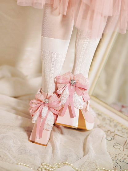 Pink Knotted Bow at Top Lace Trim Heart Buckles High Block Heels