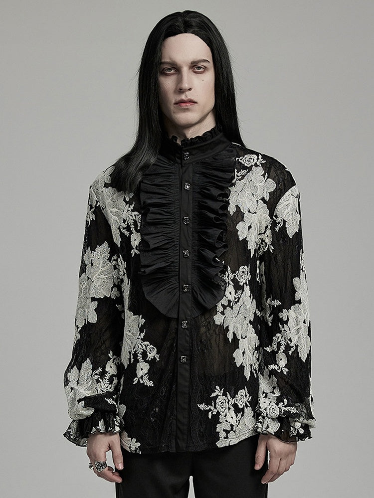 Black and White Goth Men's Floral Shirt