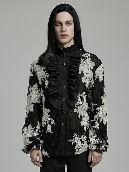 Black and White Goth Men's Floral Shirt