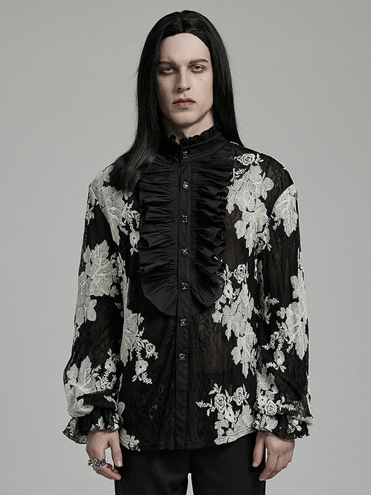 Black and White Goth Men's Floral Shirt
