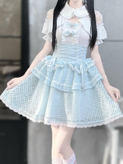 White Open Shoulder Blouse+ Light Blue Lace-up Waist Tiered Skirt+ Bowknots Jirai Kei Set