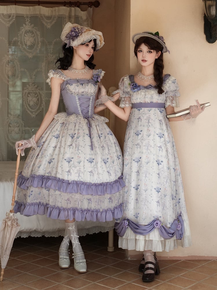 Iris Print Purple Boned Corset Bodice Floral Dress Classic Lolita JSK Full Set