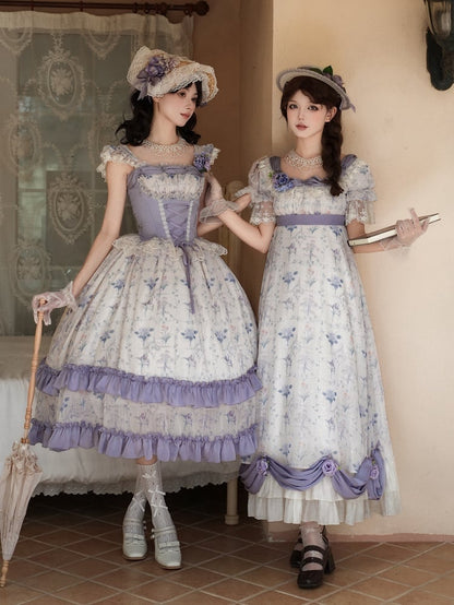 Iris Print Purple Boned Corset Bodice Floral Dress Classic Lolita JSK Full Set