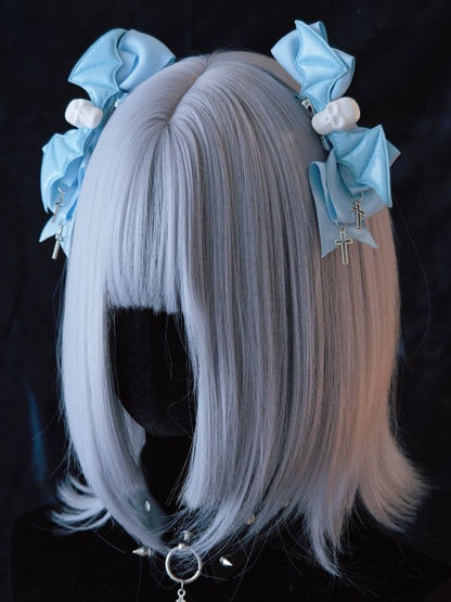 Skulls Bat Wings Cross Charms Blue Bowknot Hairclips