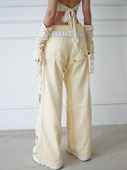 Lace-up Detail Beige Detachable Straight-leg Cut Jeans