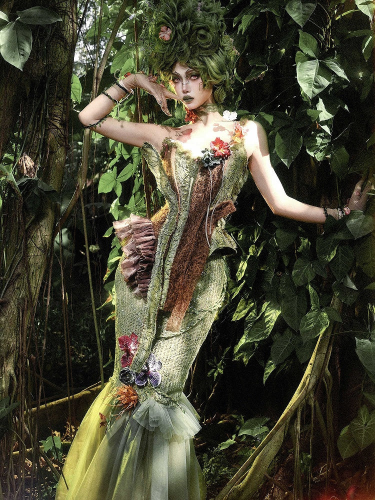 Butterfly and Floral Decorated Green Forest Fairy Goth Double Layers Tulle Hem Mermaid Skirt