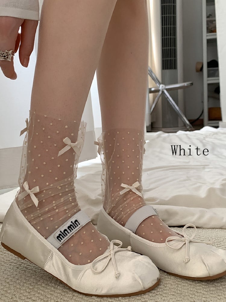 White/Black/Brown/Gray/Purple/Green Polka-dot Pattern Bowknot Details Calf Socks