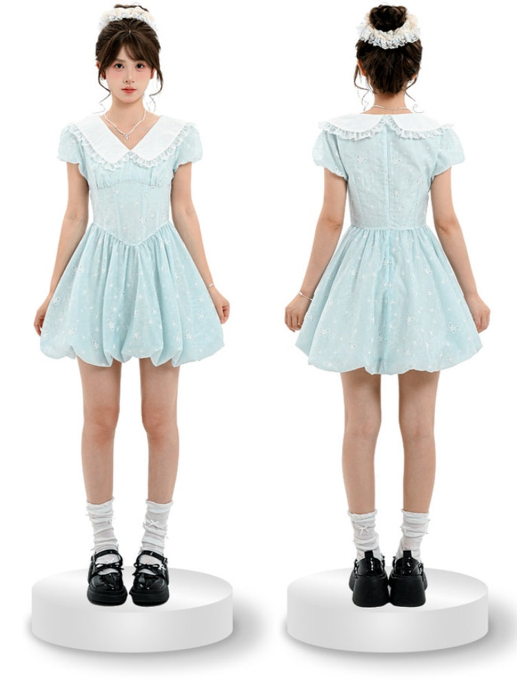 Blue Peter Pan Collar Basque Waist Allover Butterfly Embroidery Dress Bubble Skirt