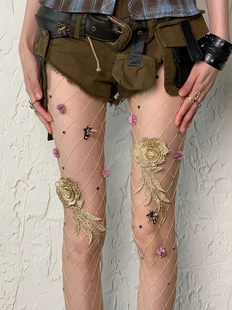 Nude/Black Wasteland Punk Floral And Star Details Fishnet Tights