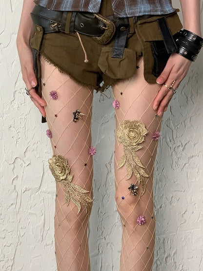 Nude/Black Wasteland Punk Floral And Star Details Fishnet Tights