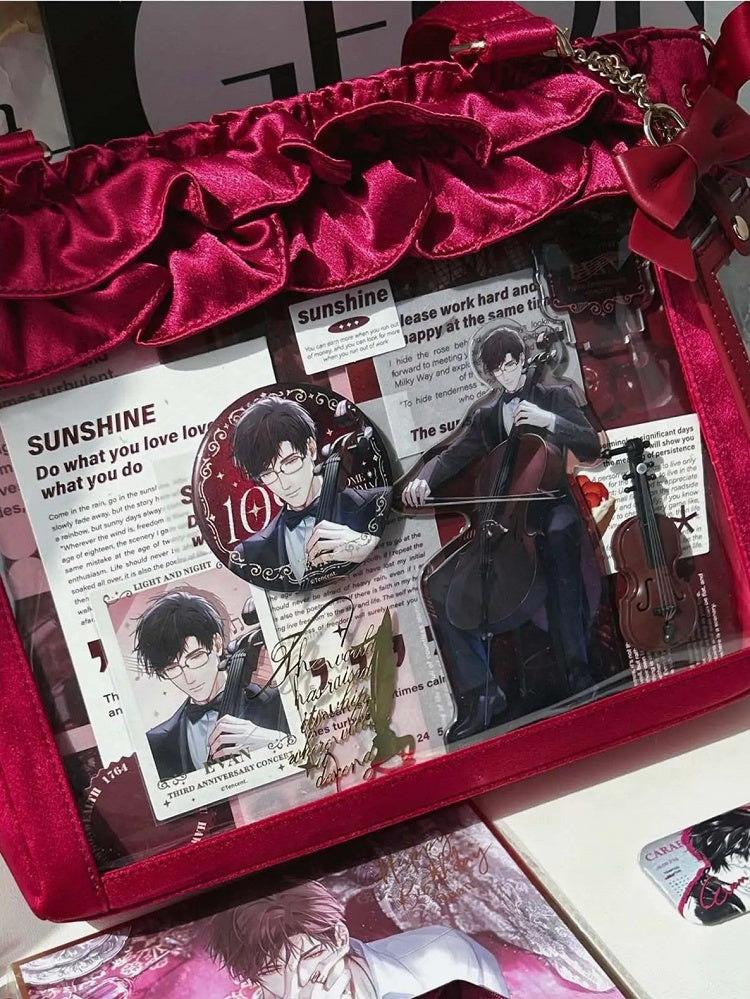 Wine Red Satin Ruffle Trims Self-tie Straps Ita Bag With Bow Card Holder