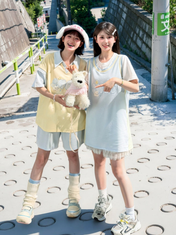 Cute Puppy Embroidery Apricot/Blue Colorblock Design Loose T-shirt Faux Two-pieces