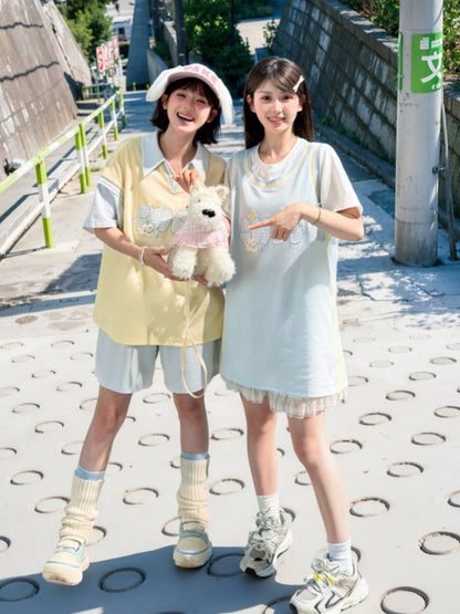 Cute Puppy Embroidery Apricot/Blue Colorblock Design Loose T-shirt Faux Two-pieces