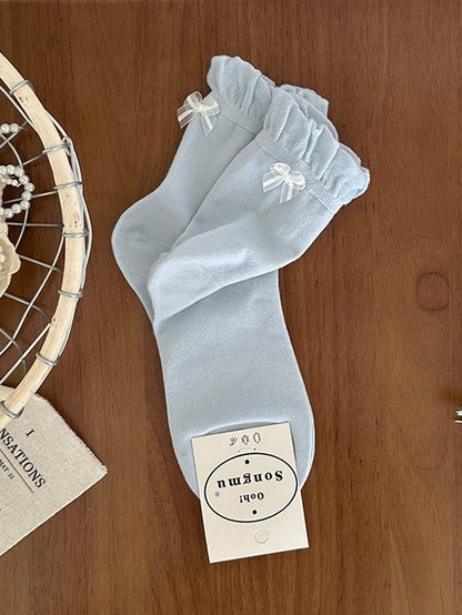 Pink/Blue/Black/White/Yellow/Gray Bowknot Details Ruffled Cuff Calf Socks